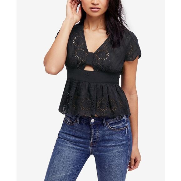 New! FREE PEOPLE Cutout Eyelet Black Top With Peplum Short Sleeve Size Small - Picture 1 of 4